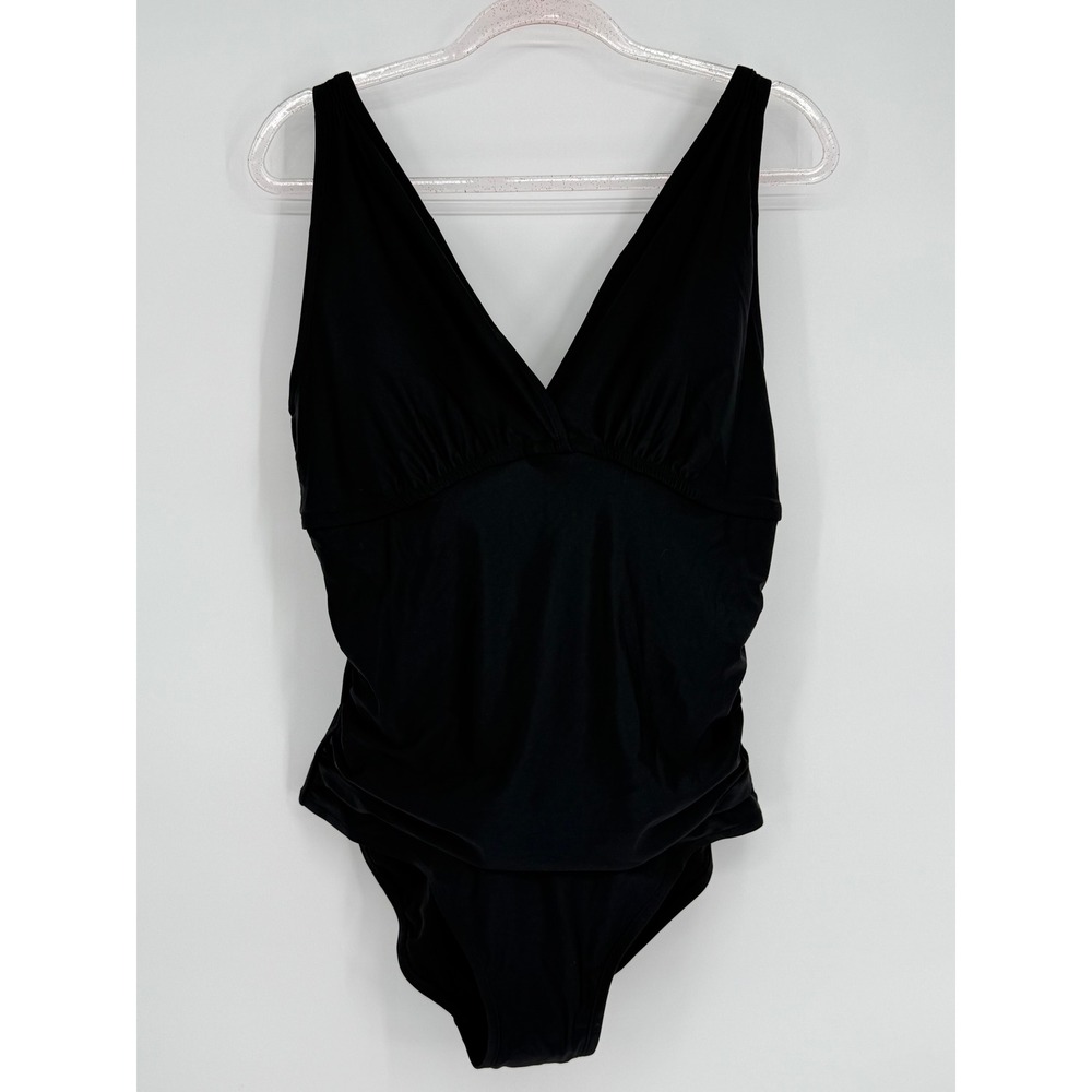 Merona Black V Neck Ruched Tum Control One Piece Swimsuit Tankini Style Size 40D